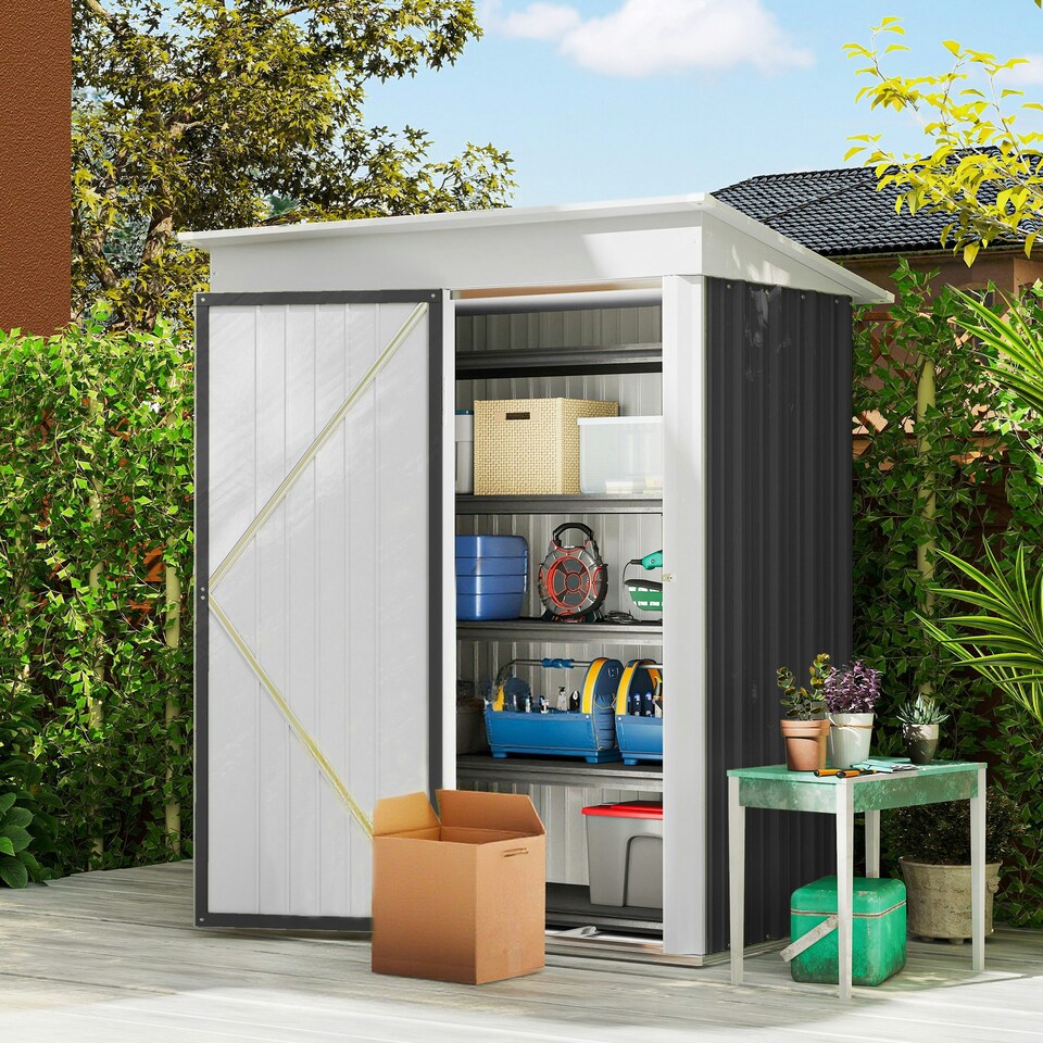 image 1 of Outsunny Steel Garden Shed, Small Lean-to Shed for Bike, 5x3 ft, Dark Grey