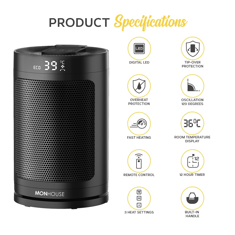 image 1 of MONHOUSE Electric Heater - Energy Efficient PTC Ceramic, Silent Portable Heater with LED Display, Remote Control, Overheat Protection, Smart Thermostat