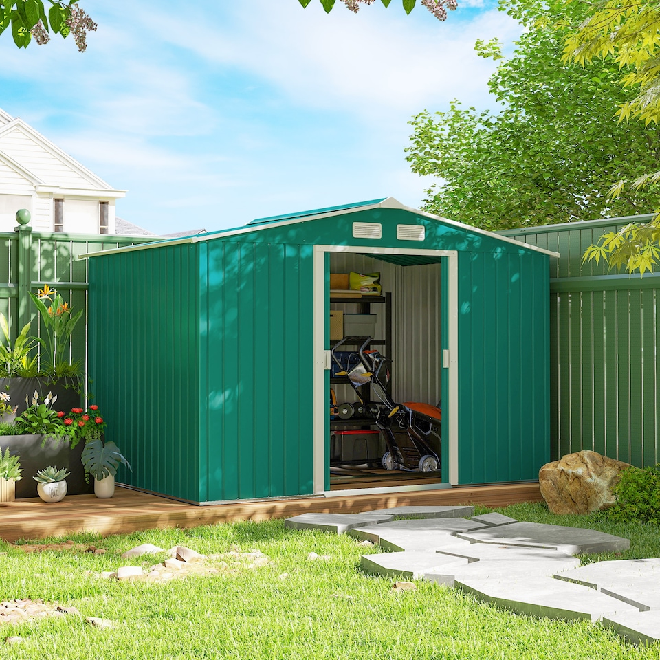 image 1 of Outsunny 9 x 6ft Metal Garden Shed, Outdoor Storage Tool House with Ventilation Slots, Foundation Kit and Lockable Double Doors, Green