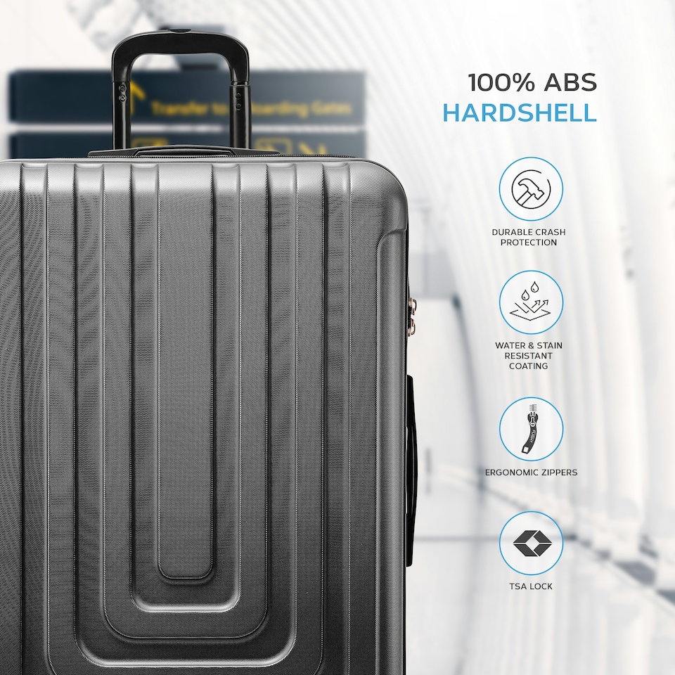 image 1 of Flight Knight Premium Lightweight Suitcase - Built-in Side Lock - 8 Spinner Wheels - ABS Hard Shell Carry On Or Check in Luggage - 100 Airlines Approved Black | Black | Large