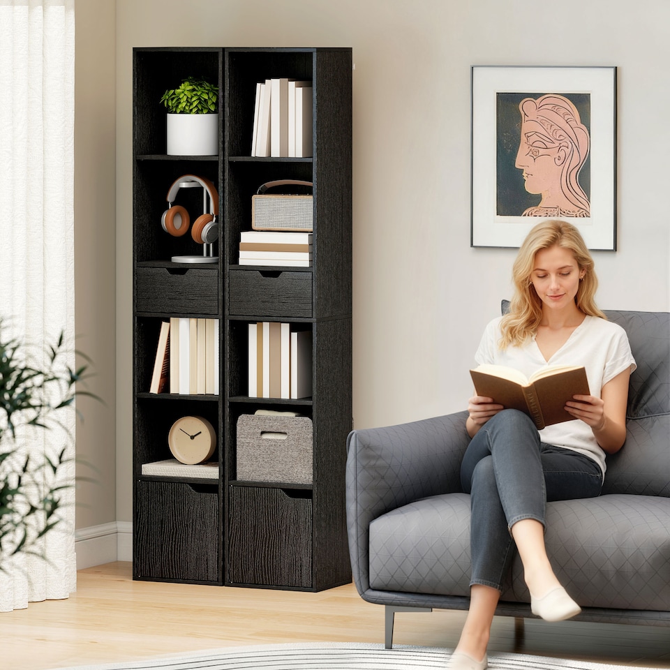 image 1 of HOMCOM 6-Tier Bookcase, Tall Narrow Bookshelf with Drawer, Door, Adjustable Shelf, Modern Display Standing Shelving Unit for Living Room, Home Office, Bedroom, 30 x 24 x 158 cm, Black | Black | Black