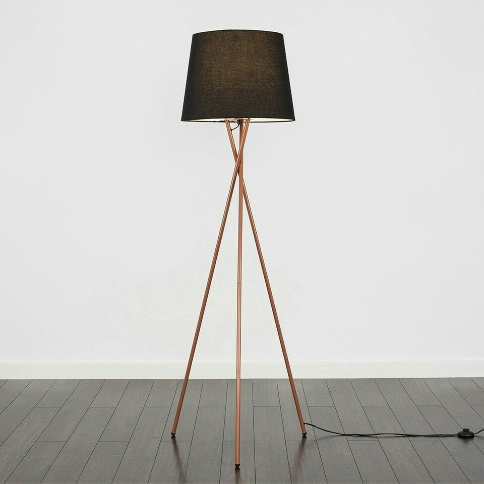 image 1 of ValueLights Camden Copper Tripod Floor Lamp Black Taper Shade Black