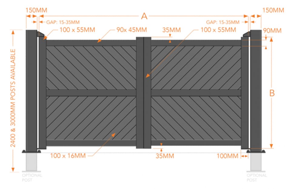 image 1 of Double Swing Gate 4000x1600mm Black - Diagonal Solid Infill and Flat Top | Black | 1