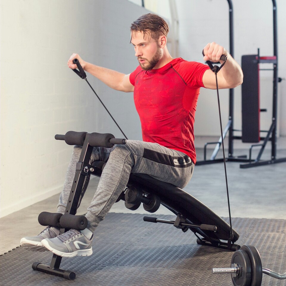 image 1 of Sit-Up Bench Cuttler - 6 positions, padded leg brace, foldable, inc. 2 dumbbells and elastic bands