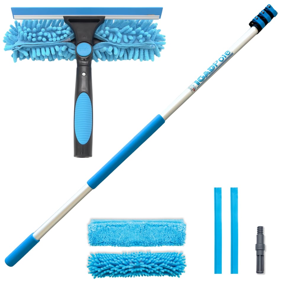 image 1 of 10ft Window Squeegee with Extension Pole, Window Cleaner Tool with 2-Stage Telescoping Pole, Window Cleaning Kit with 10ft Pole (3m) & Microfiber Cloths, 2 Blades Replacements & ACME Adapter