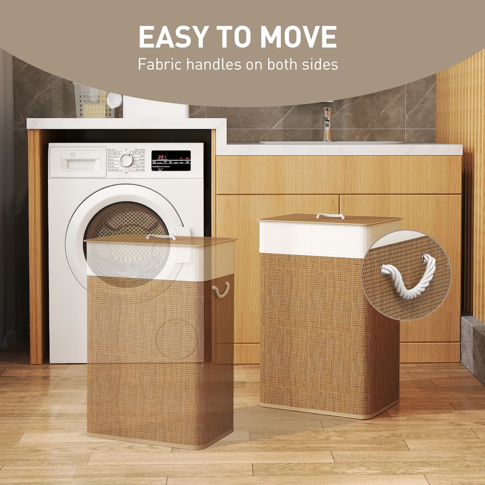 image 1 of HOMCOM Bamboo Laundry Basket with Lid, 72L Laundry Hamper with Rope Handles, Washing Basket with Removable Washable Liner Bag for Bathroom, Bedroom, Brown | Brown