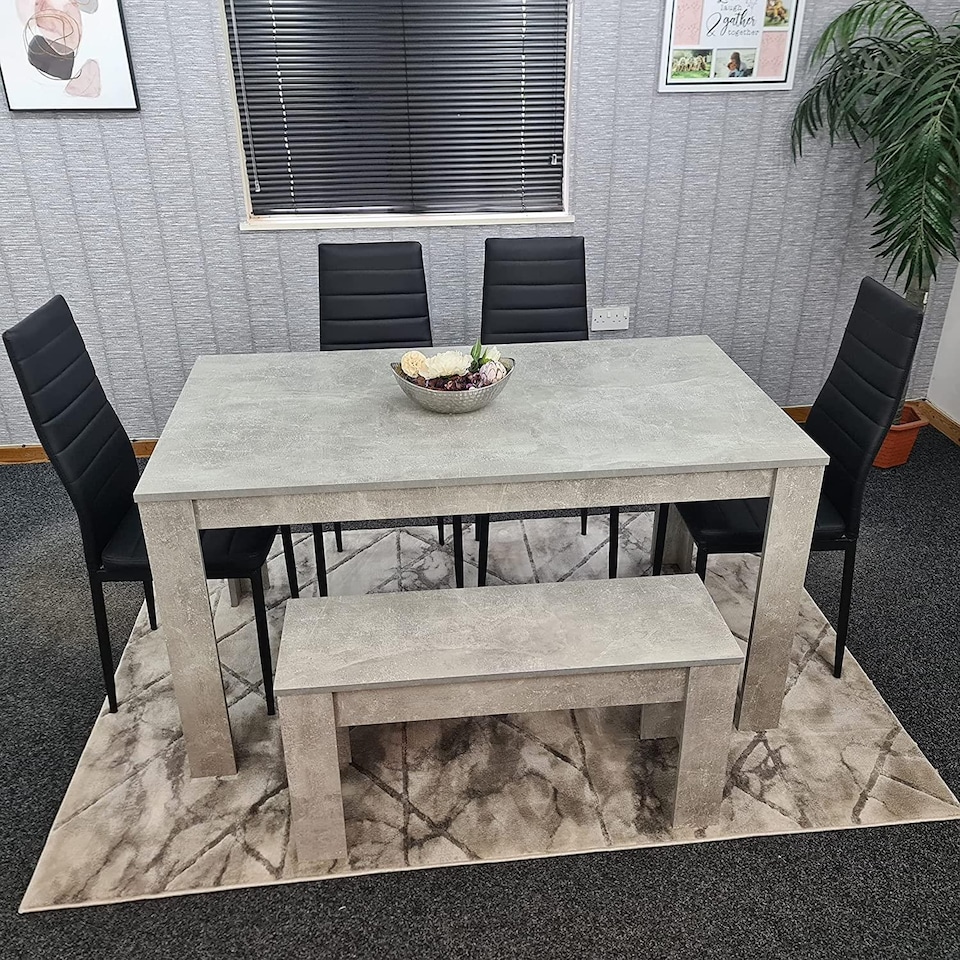 image 1 of Modern Grey Dining Table Set with 4 Black Chairs And Bench Dining Room Furniture Set | Black | One Size | 6