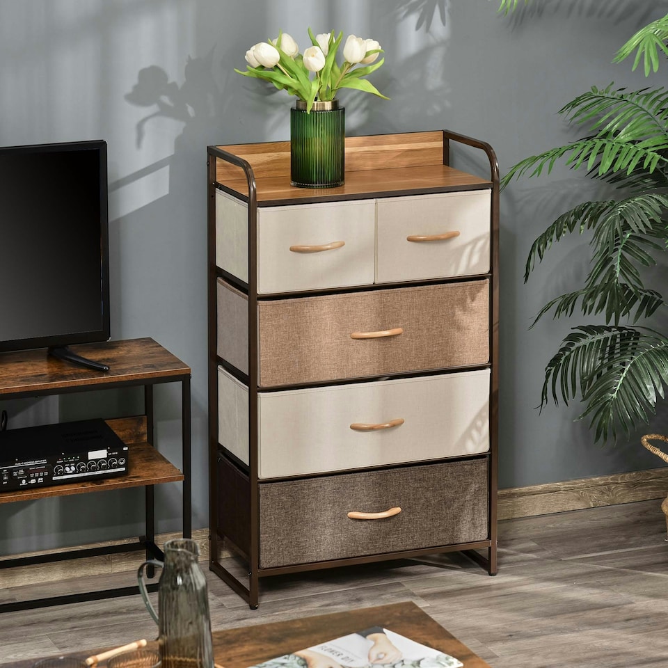 image 1 of HOMCOM Closet Dresser, Dresser Tower With 5 Linen Fabric Drawers Steel Frame
