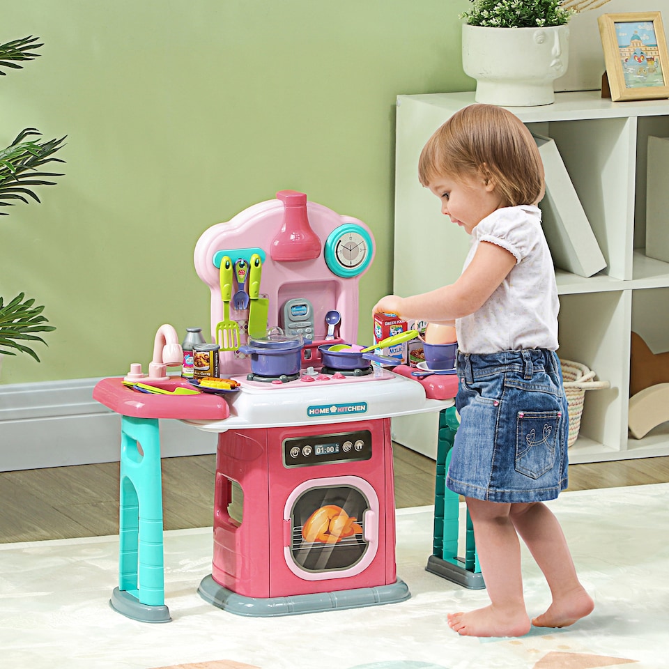 image 1 of AIYAPLAY Toy Kitchen, 45-Piece Kids Kitchen with Rotating Side Tables, Toddler Pretend Role Play set with Light, Sounds, Spray Effect for Ages 3-6 Years, Pink