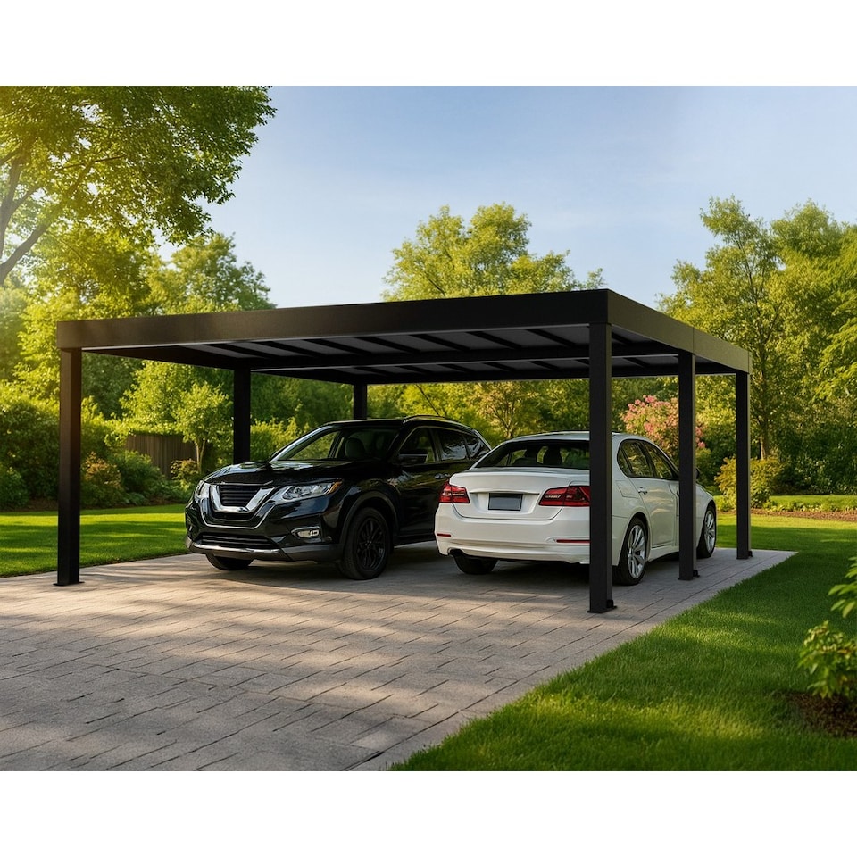 image 1 of Oslo 20 x 20 Feet Carport Kit - Black Structure Grey polycarbonate Panels - L607.5 x W596.5 x H240.5 cm