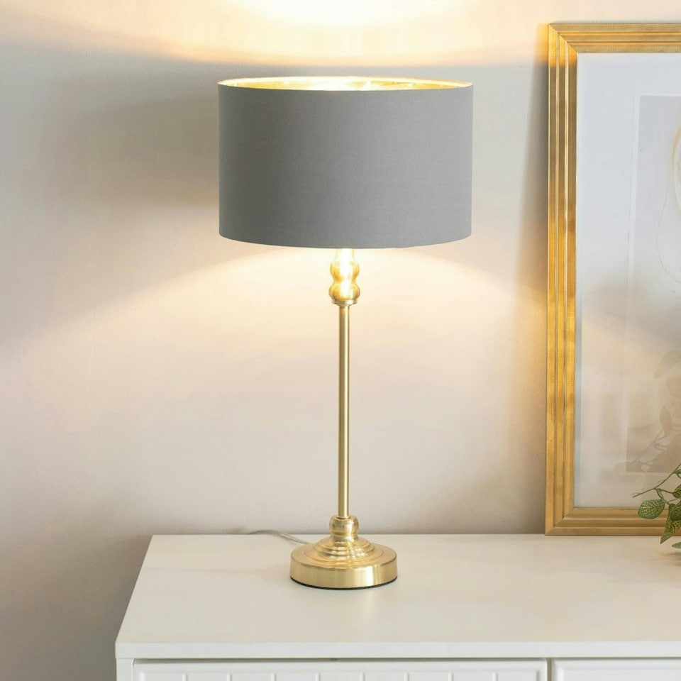 image 1 of ValueLights Maggie Gold Candlestick Table Lamp with Grey with Gold Inner Lamp Shade and LED Bulb Gold