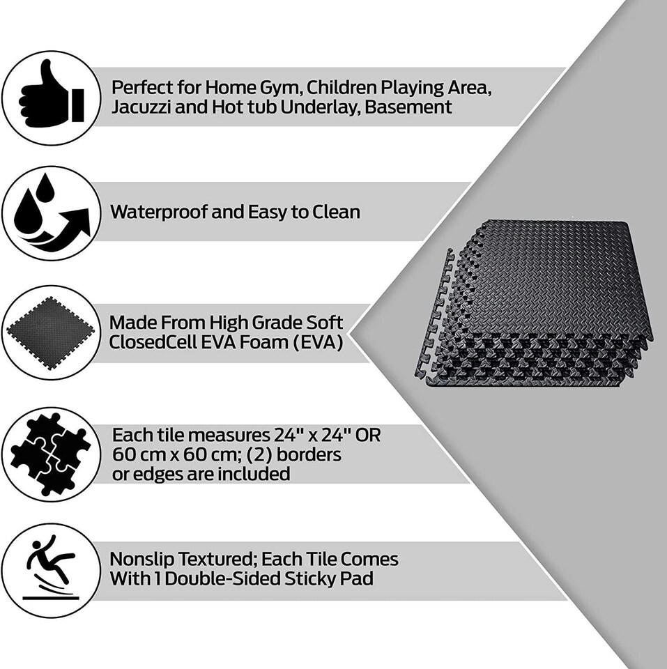 image 1 of 4pcs Black EVA Gym Flooring Puzzle Mat 60x60cm Interlocking Non Slip Floor Tiles for Home Workout, Yoga & Fitness