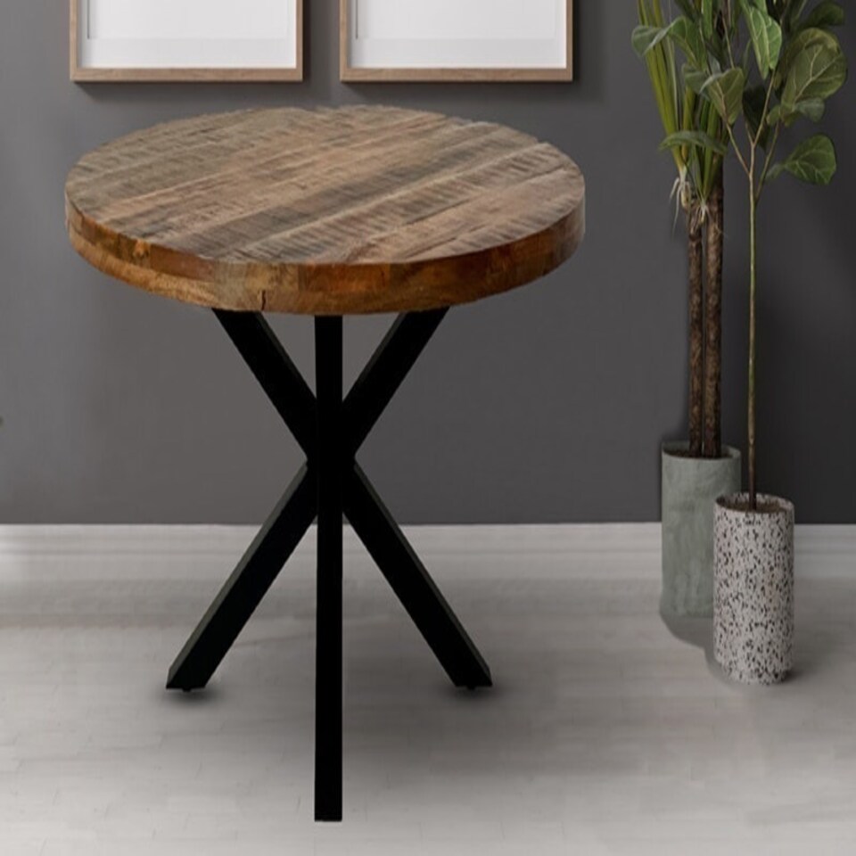 image 1 of Industrial Round X Leg Dining Table - FLAT PACK LEGS - Mango Wood/Iron - L170 x W170 x H76 cm - PP Sawn Finish - Assembly Required Brown