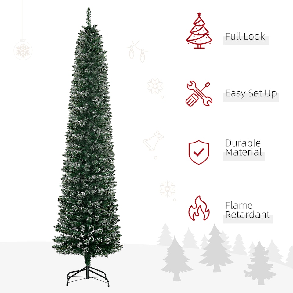 image 1 of HOMCOM 7.5FT Artificial Snow Dipped Christmas Tree mas Pencil Tree Holiday Home Indoor Decoration with Foldable Black Stand, Green