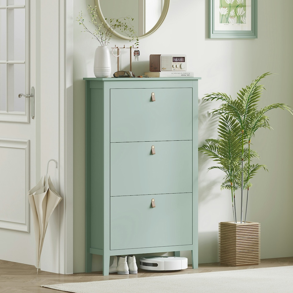 image 1 of HOMCOM 3 Drawer Shoe Cabinet with Flip Doors for Hallway, Entryway Green | 80W x 24D x 131H cm