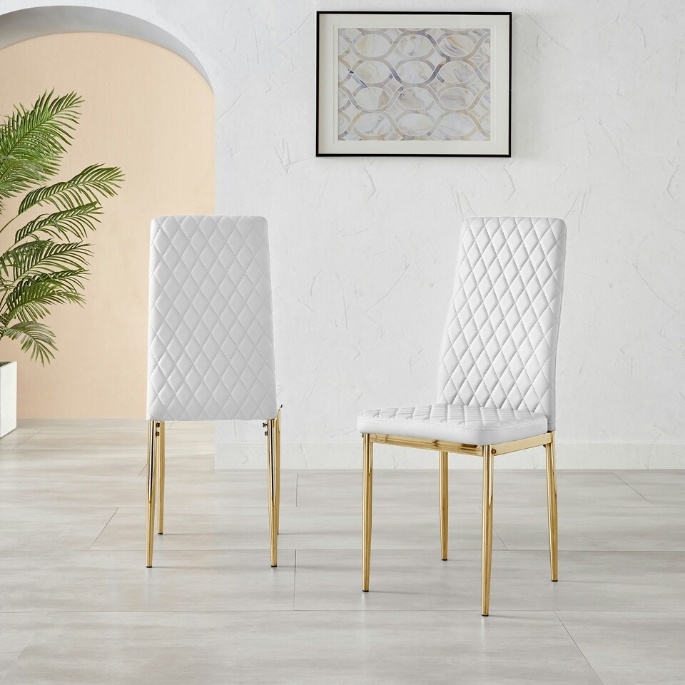 image 1 of Furniturebox 4x Milan White Gold Hatched Faux Leather Dining Chairs