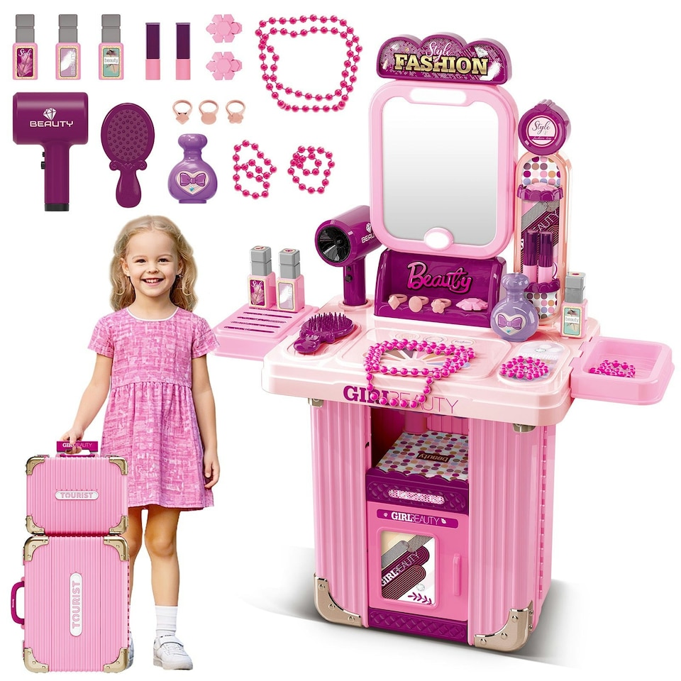 image 1 of Kids Beauty Vanity Set with Suitcase Dressing Table