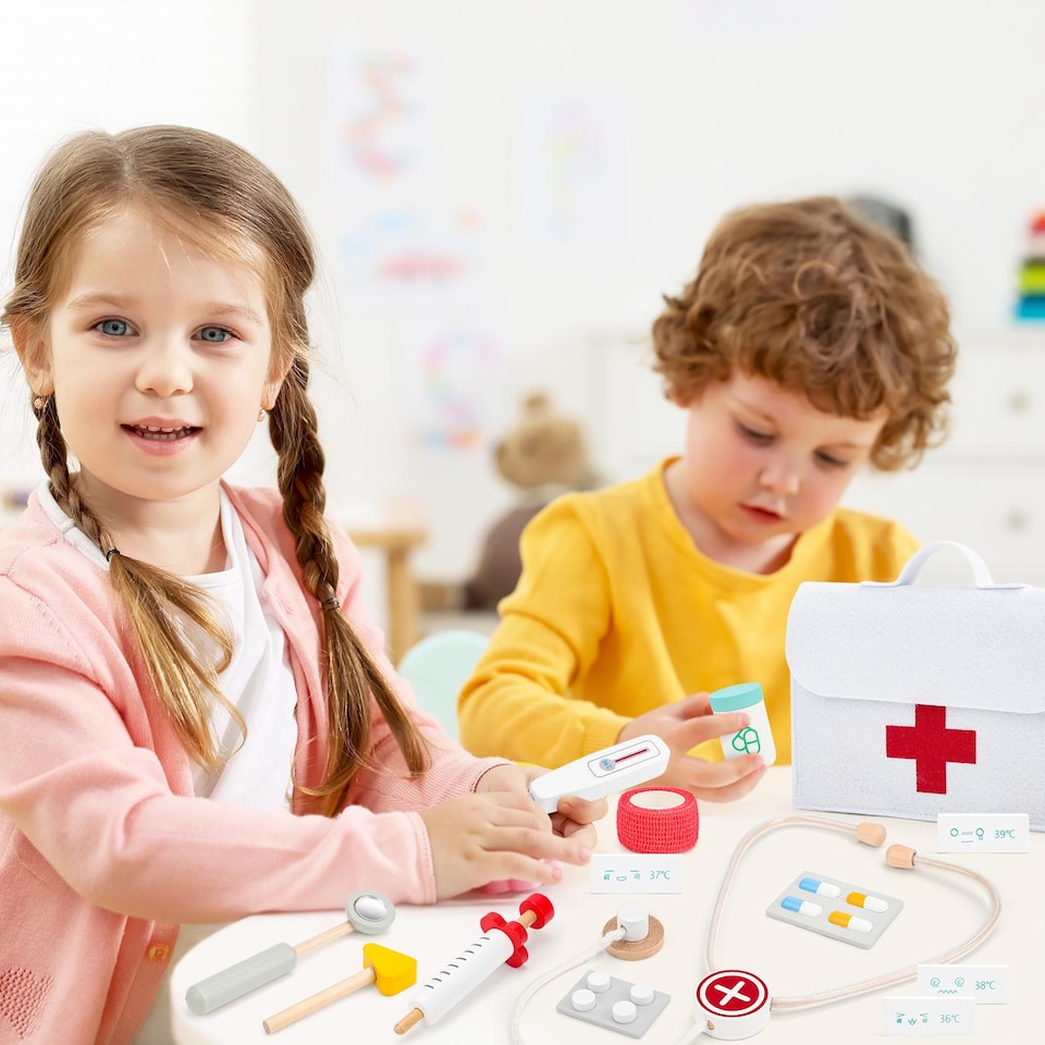 image 1 of Wooden Pretend Play Doctor Set – Portable Medical Case with Realistic Wooden Tools