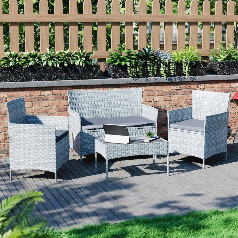 image 1 of Garden Vida Kendal 4 Seater Rattan Set Chair Sofa Coffee Table Outdoor Garden Furniture, Grey