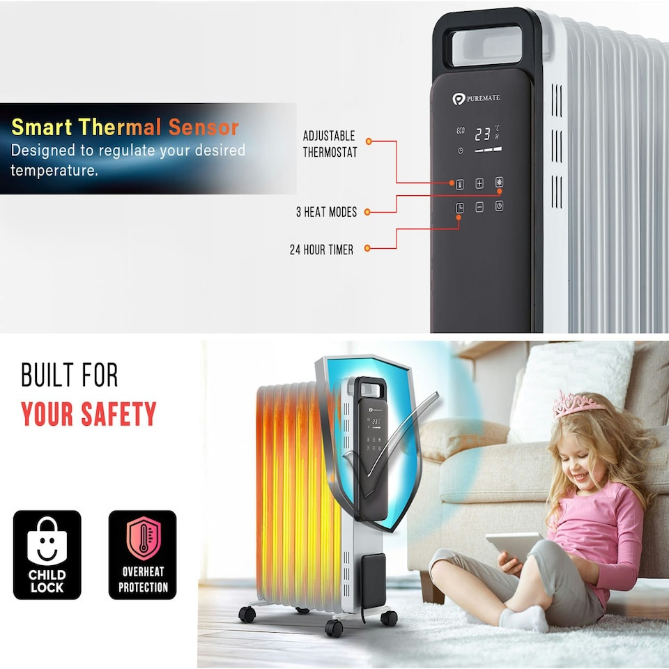 image 1 of PureMate 2500W Oil Filled Radiator, 11-Fin Portable Heater with Digital Thermostat, 24h Timer, ECO Mode & Touch Control