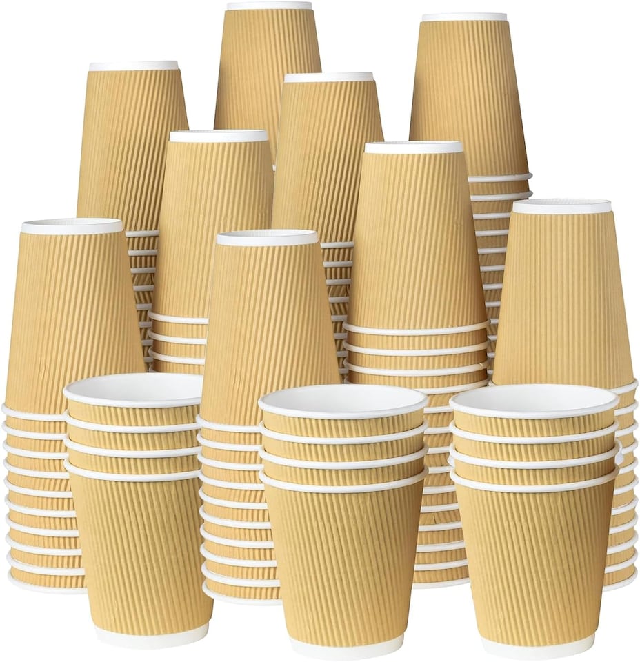 image 1 of ECONX 12oz Kraft Disposable Coffee Cups Ripple Wall Insulated Paper Cups 50pc