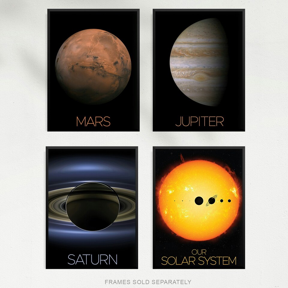 image 1 of Set of 4 NASA Our Solar System Planets Mars Jupiter Saturn Images Wall Art Print A4