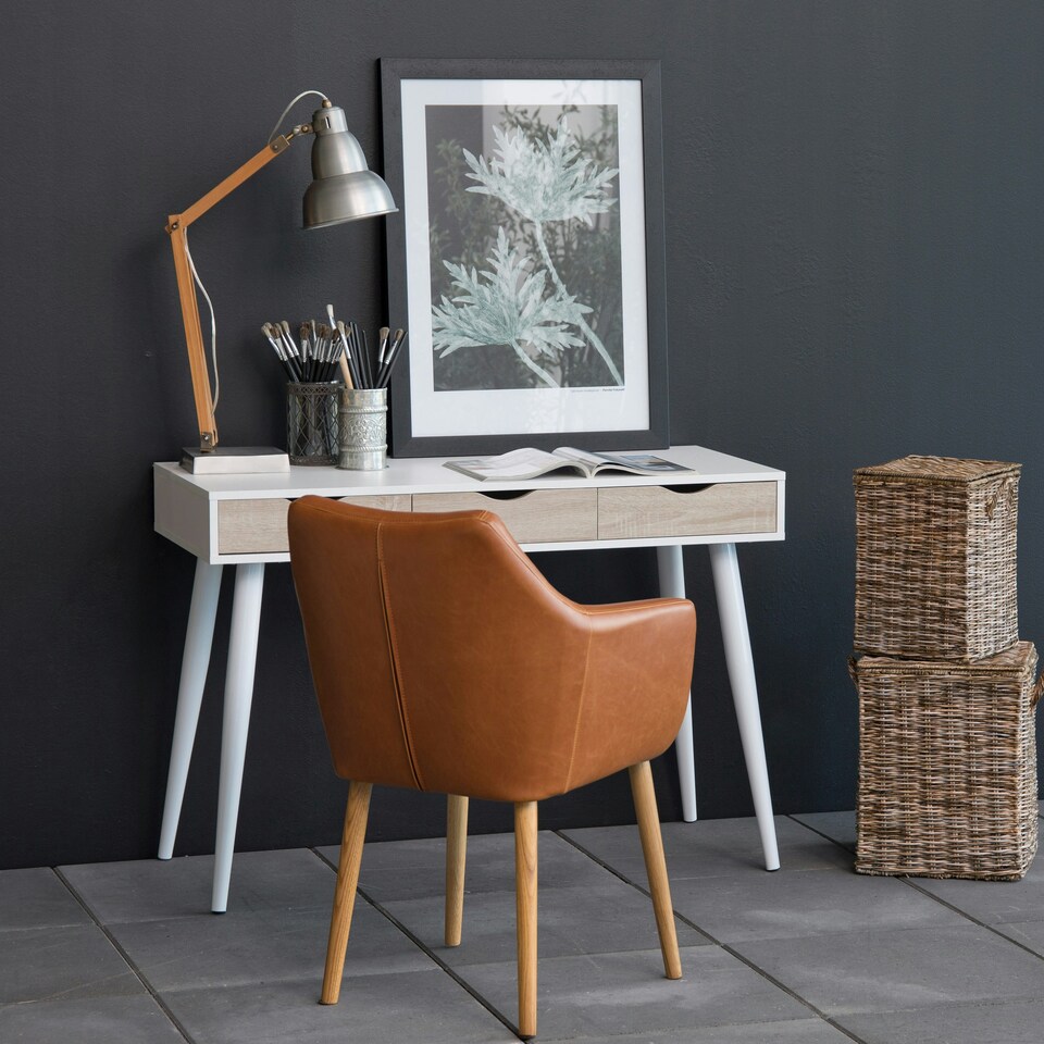 image 1 of Neptun 3 Drawer Desk in White with 3 Oak Drawers