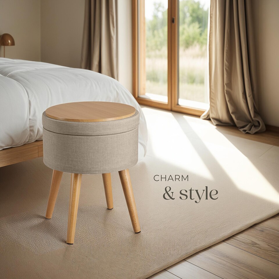 image 1 of Stool Yara - round, padded, with storage space, linen look | Cream | sand | 42,50 x 42,50 x 45,50 cm | 1