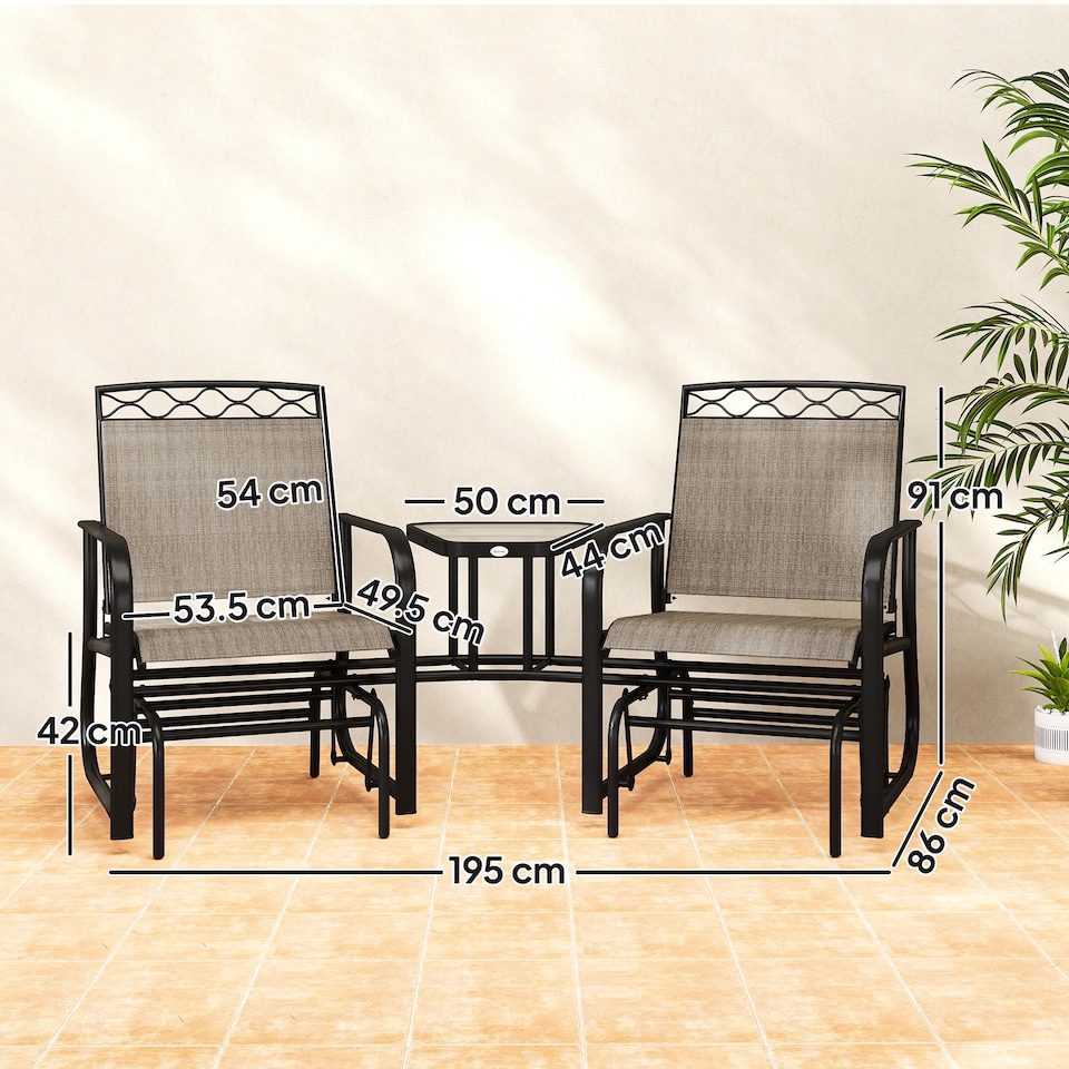 image 1 of Outsunny Double Outdoor Glider Chair, 2 Seater Patio Rocking Chairs, Swing Bench with Tempered Glass Table, Breathable Mesh Fabric for Backyard, Garden, Porch, Brown