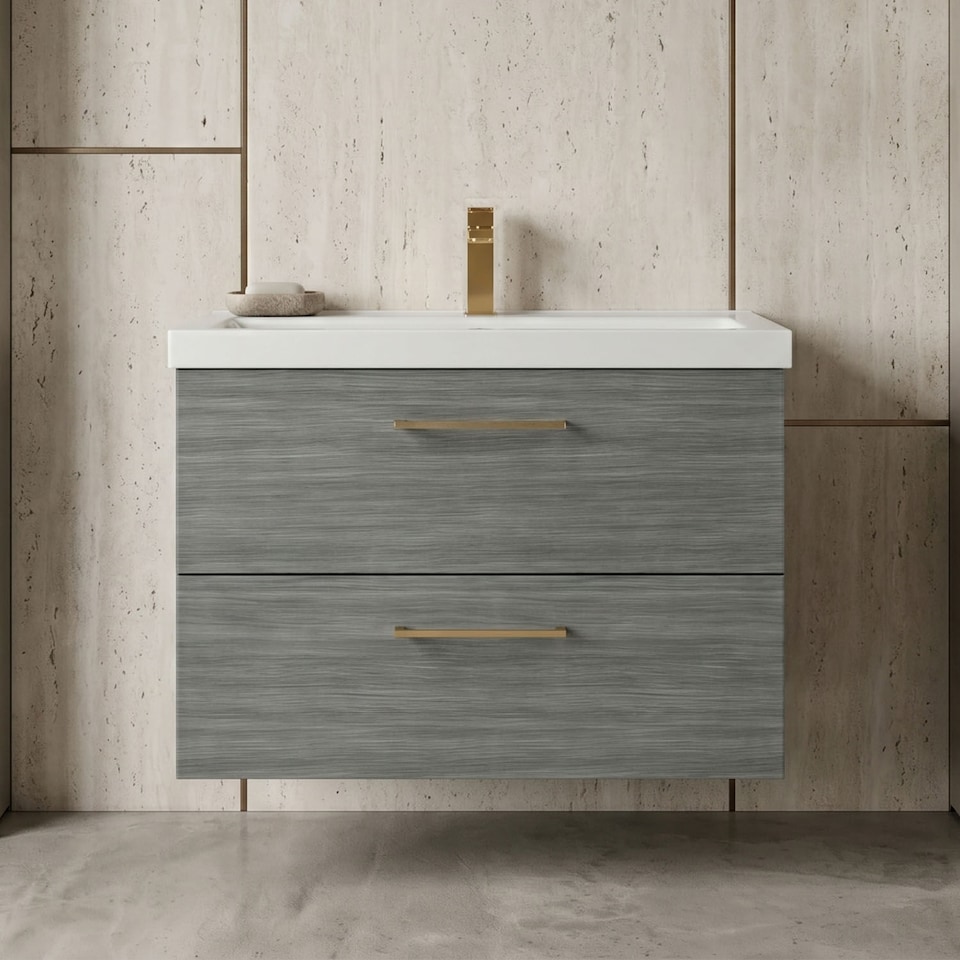image 1 of Balterley Wall Hung Bathroom 2 Drawer Vanity Unit & 1 Tap Hole Ceramic Basin, & Handles | Grey