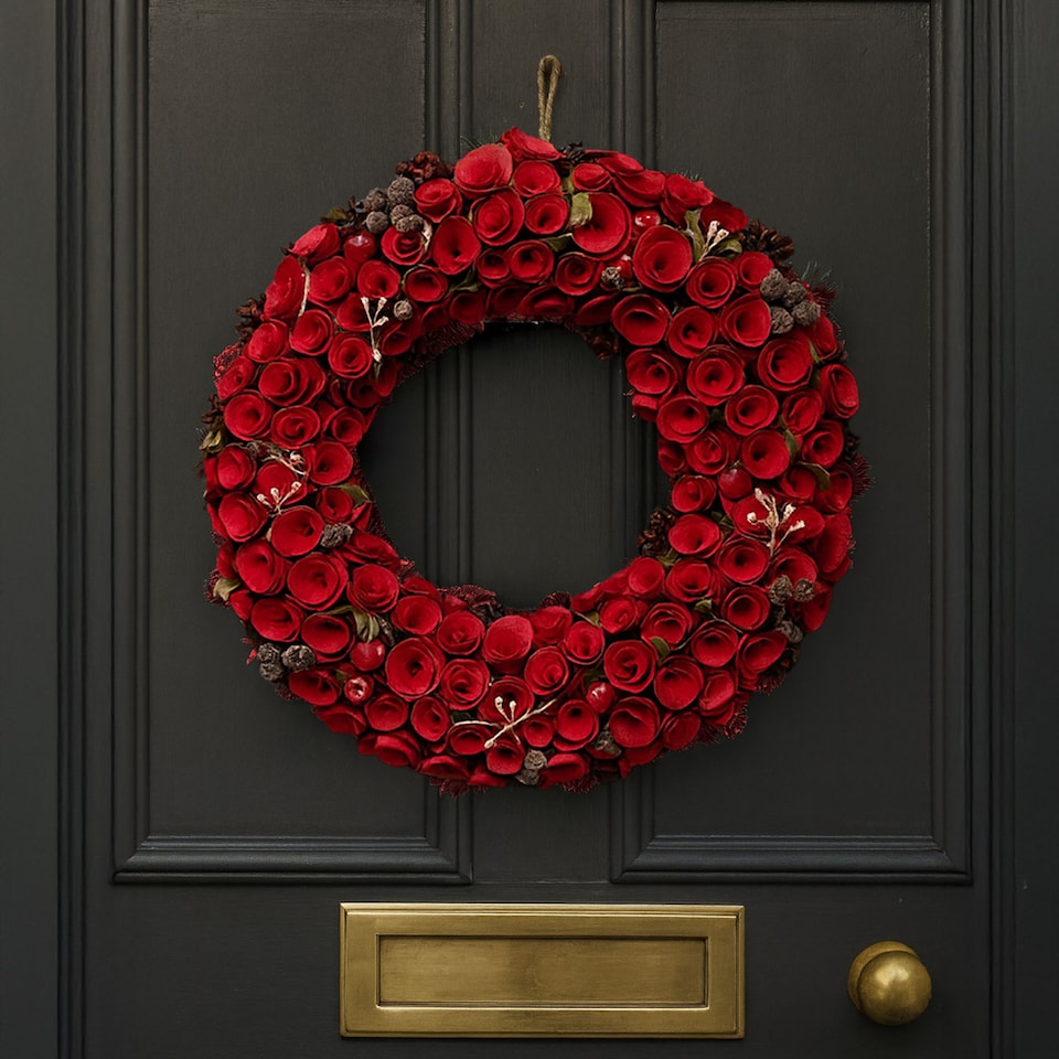 image 1 of Neo Luxury Extra Large Red Rose Wreath 50cm Home Artificial Christmas Festive Front Door Decoration | Red | Red
