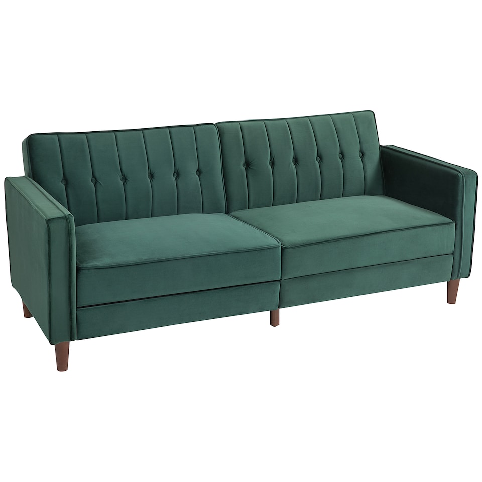 image 1 of HOMCOM Convertible Sofa Bed, 189cm Click Clack 3 Seater Sofa Bed, Button Tufted Velvet Sleeper Couch with Split Reclining Backrest and Rubber Wood Legs, Green