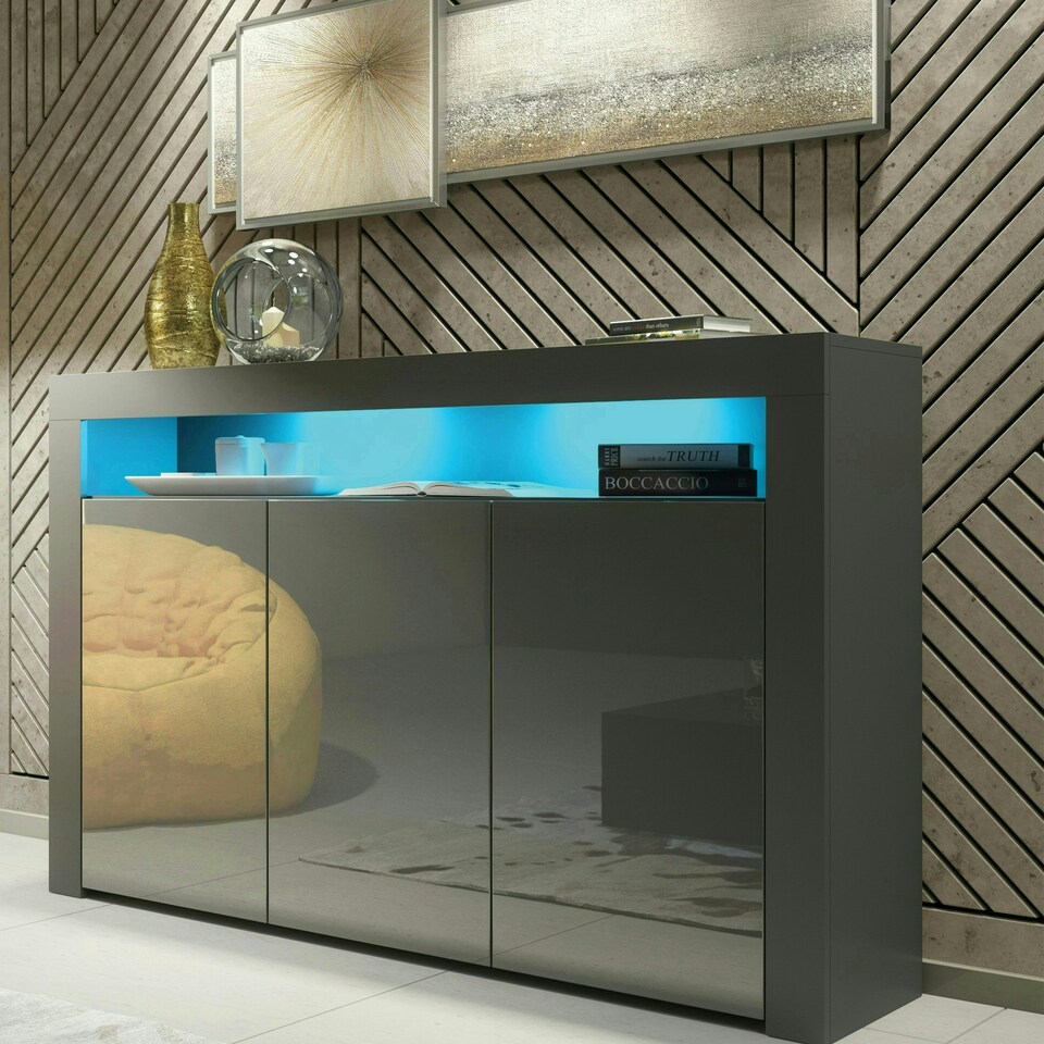 image 1 of Sideboard 155cm Grey Gloss Doors Grey Matt Body Free LED Display Unit Grey