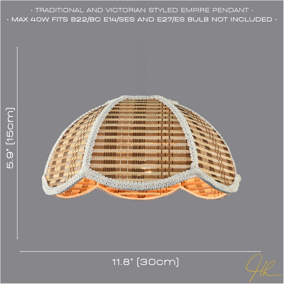 image 1 of Vintage Victorian Rattan Pendant Shade with White Embroidered Trim Brown