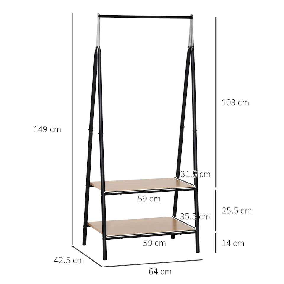 image 1 of HOMCOM Clothes Rail, Freestanding Metal Clothes Rack with 2 Tier Storage Shelves for Bedroom and Entryway, 64 x 42.5 x 149 cm, Black Frame