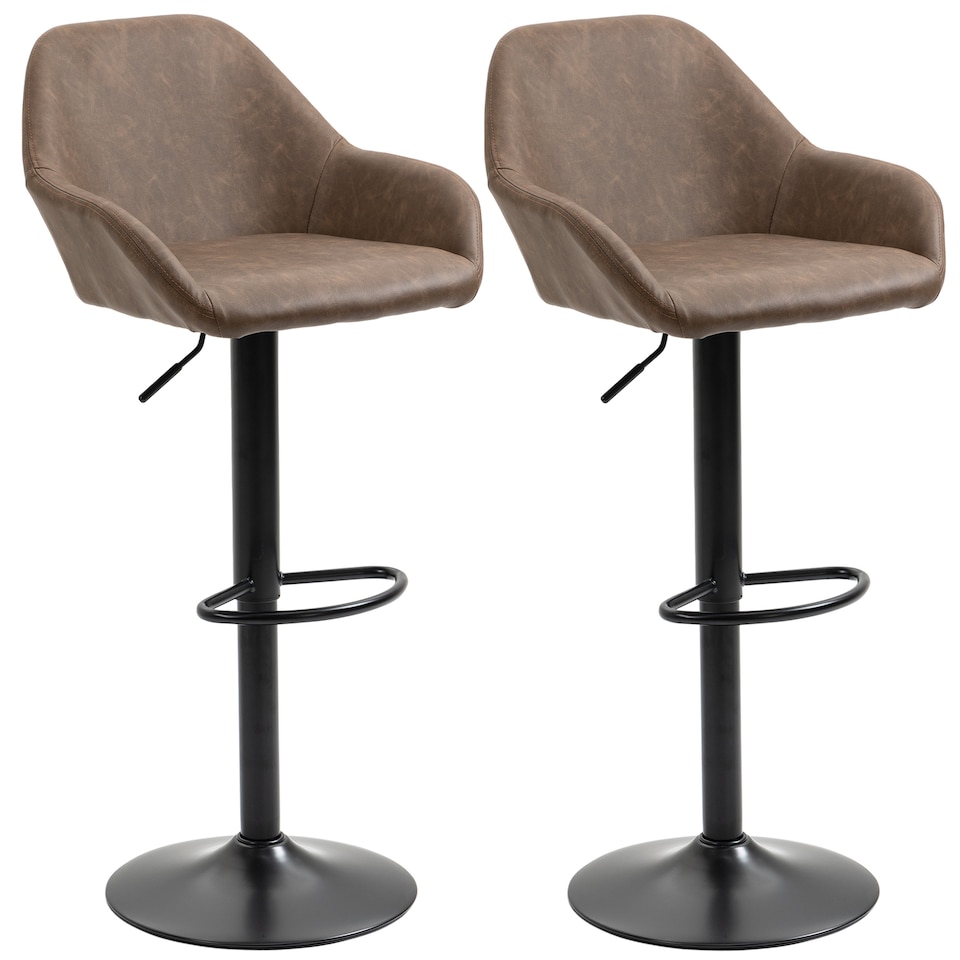 image 1 of HOMCOM Bar Stools Set of 2, Height Adjustable Swivel Barstools, PU Leather Kitchen Stools with Backs, Armrests and Footrest for Home, Counter and Dining Room, Dark Brown