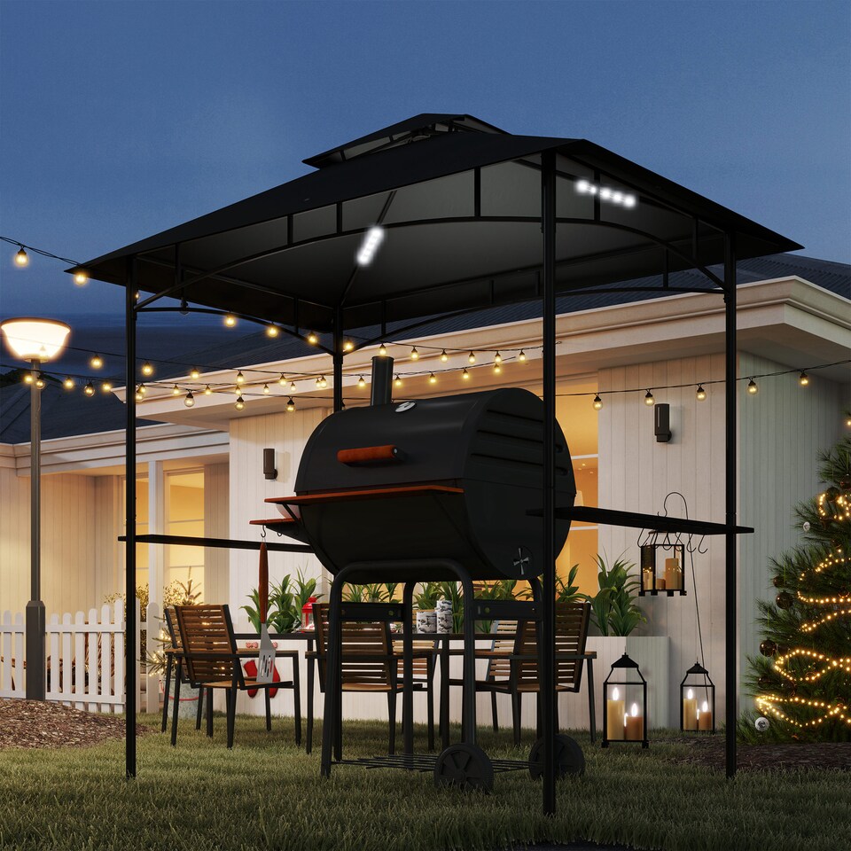 image 1 of Outsunny 2.4 x 1.5 m Grill Gazebo Canopy with LED Lights, Double Tiered Outdoor BBQ Gazebo Shelter with 2 Side Shelves, Storage Basket and Hooks for Garden, Barbecue, Picnic, Dark Grey