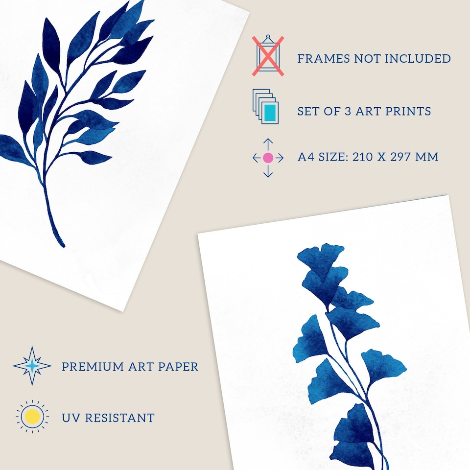 image 1 of Set of 3 Flower Plant Leaf Blue Watercolour Botanical Home Decor Wall Art Print A4