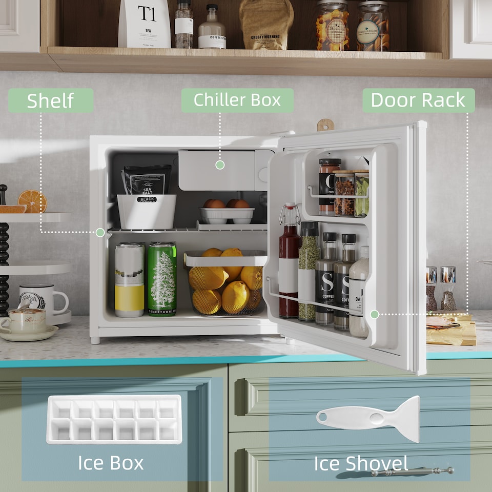 image 1 of HOMCOM 46 Litre Table Top Mini Fridge, Small Fridge with Ice Box, Reversible Door, Adjustable Temperature and Legs for Bedrooms, Home Office, Cream