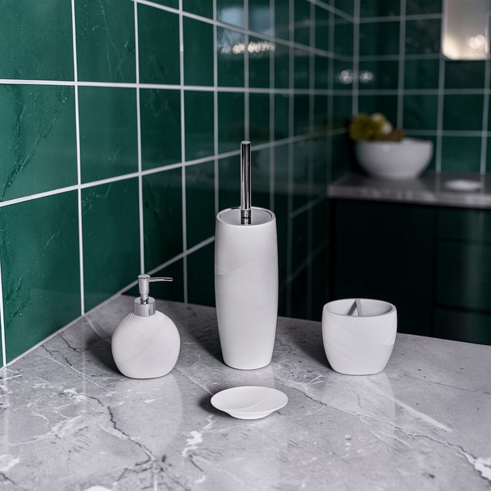 image 1 of Ripple White Textured 4 Piece Bathroom Accessory Set | White | White | 1