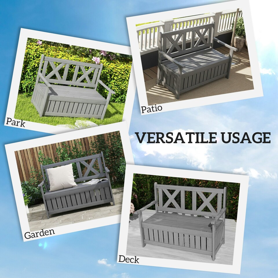 image 1 of Outsunny Wood Storage Garden Bench for Patio Outdoor Seating, Charcoal Grey 