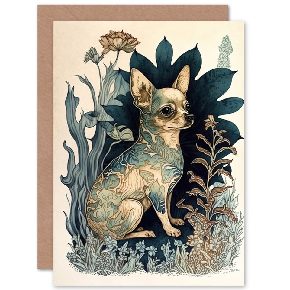 image 1 of Dog Lover Chihuahua with Flower Pattern Fur in Garden Greeting Card