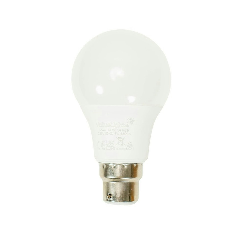 image 1 of ValueLights 2 Pack B22 White Plastic GLS LED 6W Cool White 6500K 500lm Light Bulb