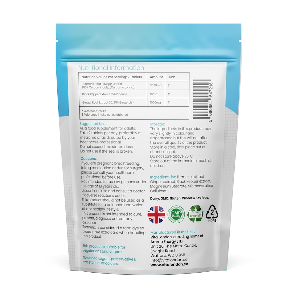 image 1 of Turmeric Tablets + Ginger + Curcumin + Black Pepper Supplement - 4000mg - 120 Tablets