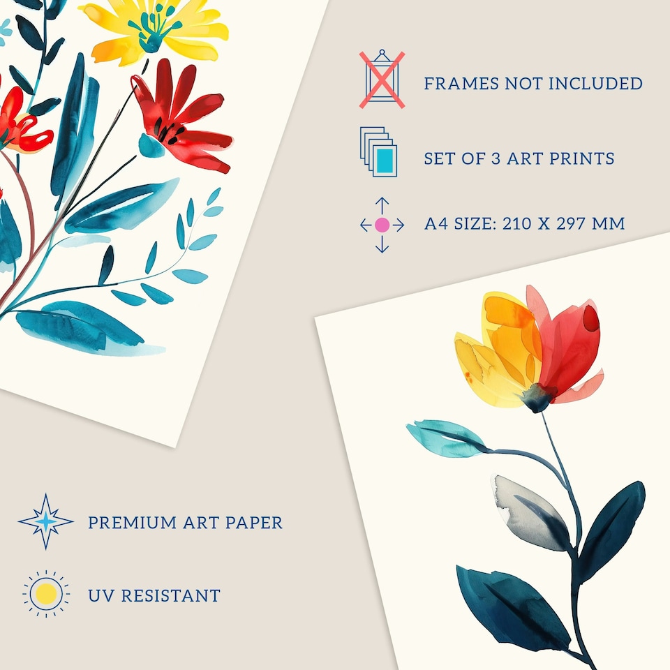 image 1 of Set of 3 Prints Wildflowers Floral Watercolour Bright Wall Art