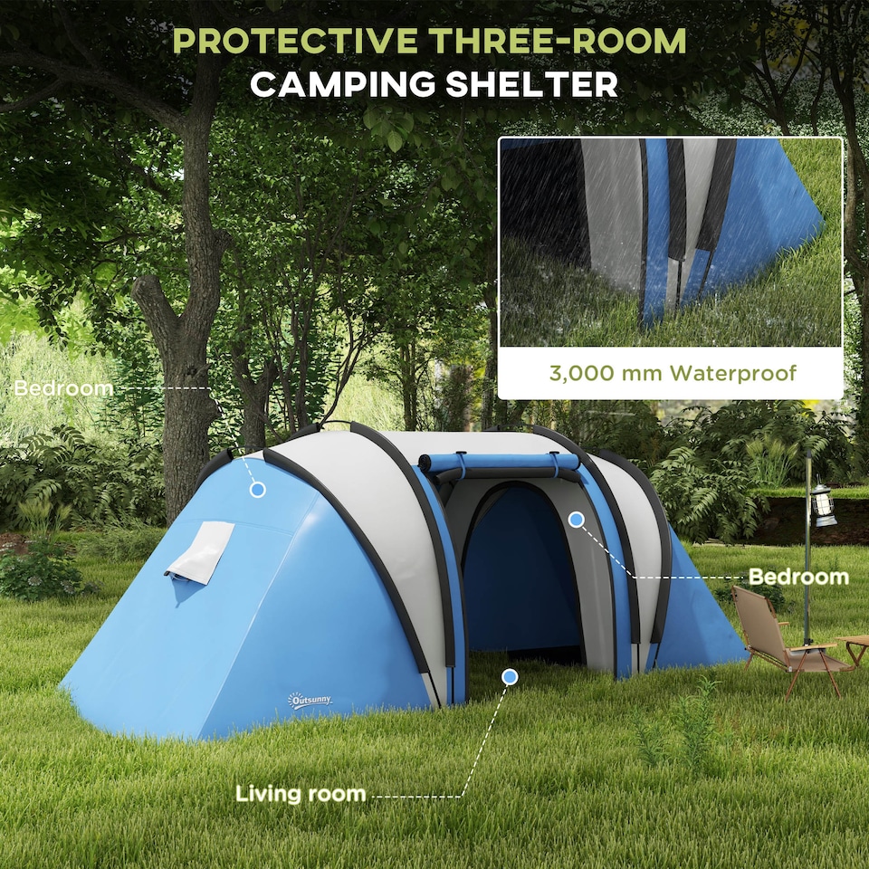 image 1 of Outsunny 2 Bedroom Camping Tent with Living Area, 3000mm Waterproof, Blue