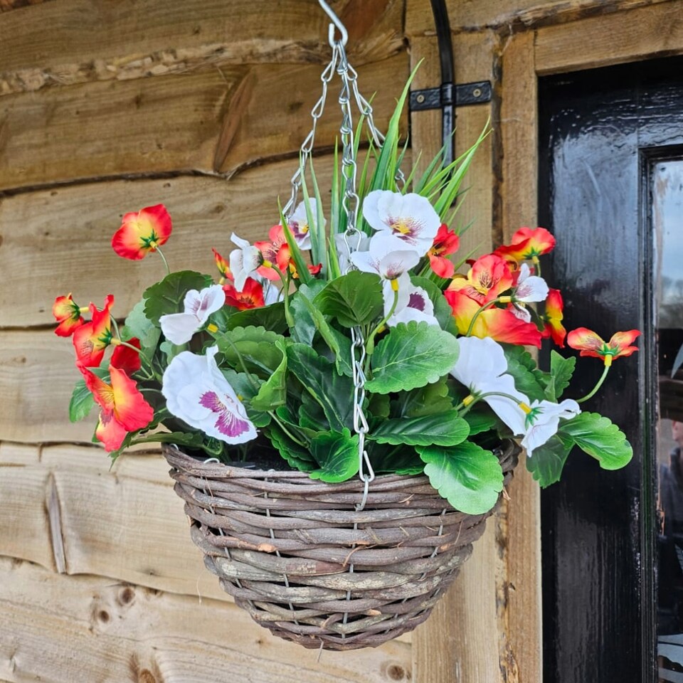 image 1 of Pair of 30cm 10 Inch Flame Red & White Pansy Flower with Rattan Wicker Hanging Baskets for Indoor Outdoor Garden Use | Red | Flame Red & White | 1