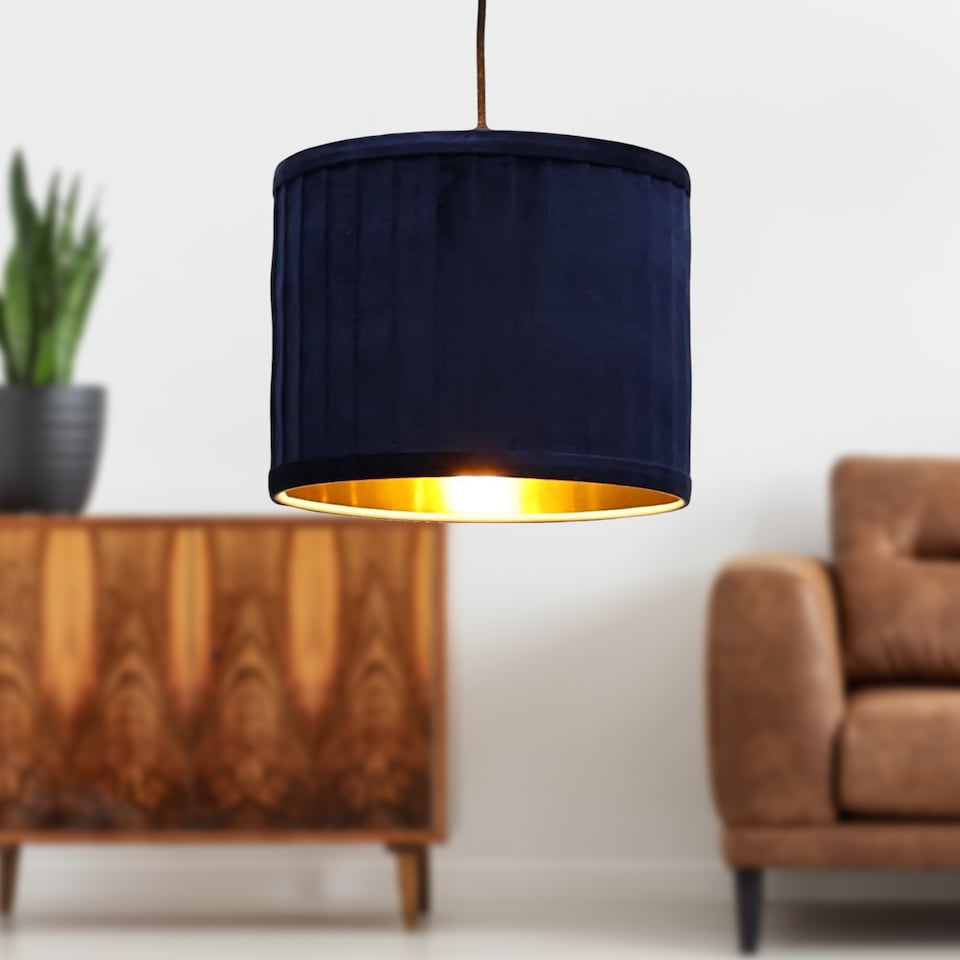 image 1 of Sundance - Navy Blue Velvet Pleated 25cm Lamp Shade with Gold Inner | Blue | Pleated navy velvet with gold cardboard inner detail | 1