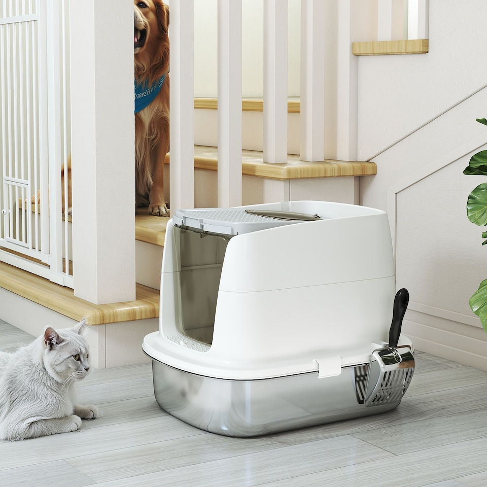 image 1 of PawHut Stainless Steel Litter Box, Enclosed Metal Cat Litter Tray with Scoop | White | One Size