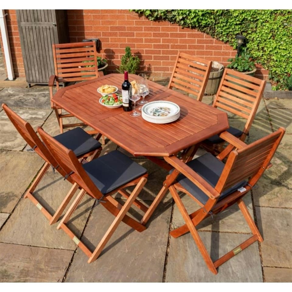 image 1 of Six Seater Wooden Garden Dining Set With Grey Cushions
